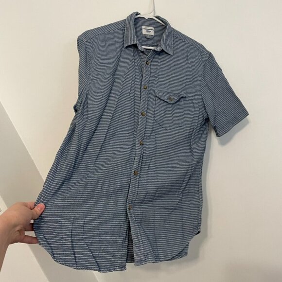 OLD NAVY Mens Blue White Chambray Stripe Short Sleeve Button Down Shirt SLIM FIT - Picture 7 of 11